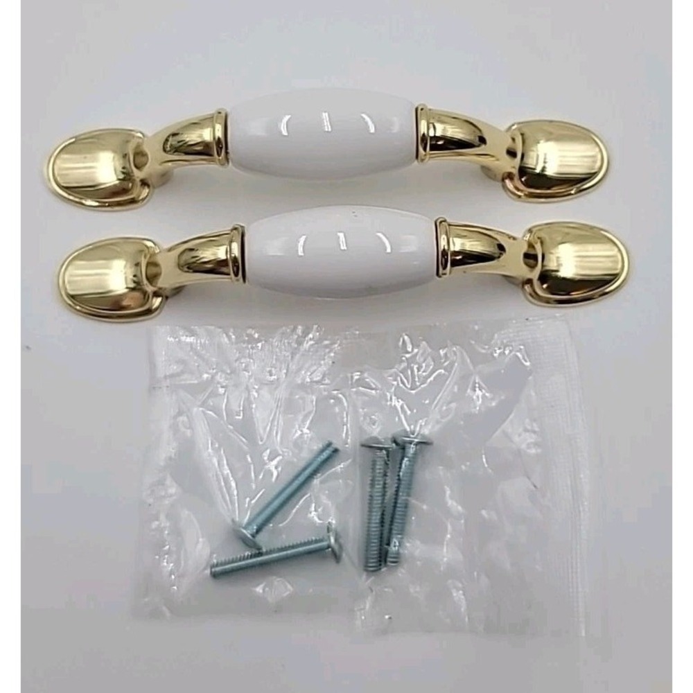 2 VTG Ceramic & Brass Round Foot Drawer Cabinet Pull Handle